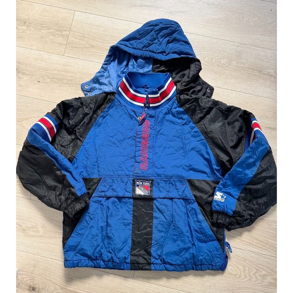 Vintage Starter New York Rangers Hooded Pullover Jacket XL 90s NHL Blue Black